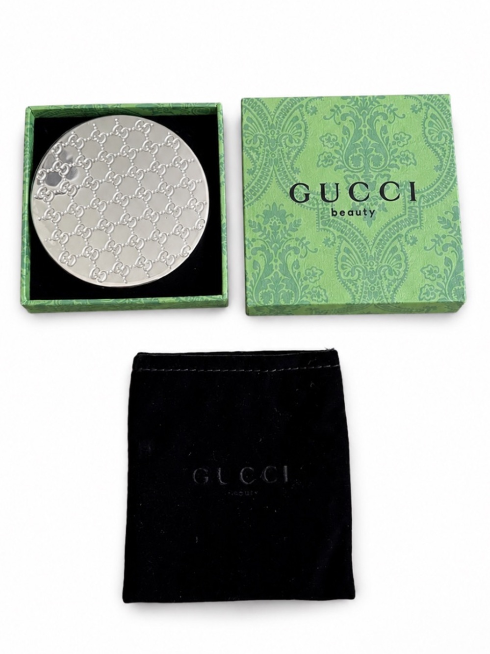 Gucci Silver Compact Mirror with Green Gift Box and Dusty